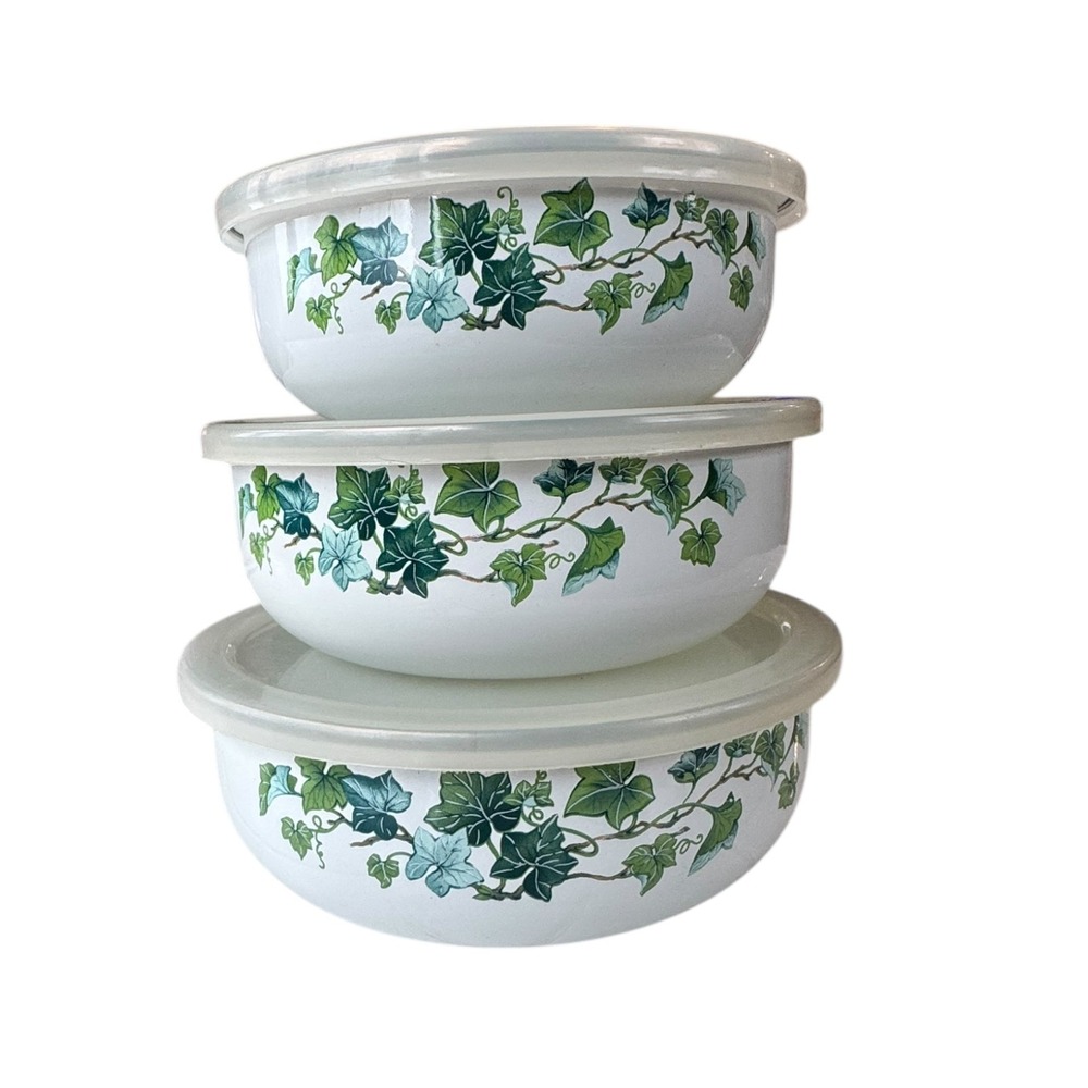 Vte Porcelain Enamelware Nesting Bowls Green Ivy Floral Kitchen Set of 3 w/ Lids